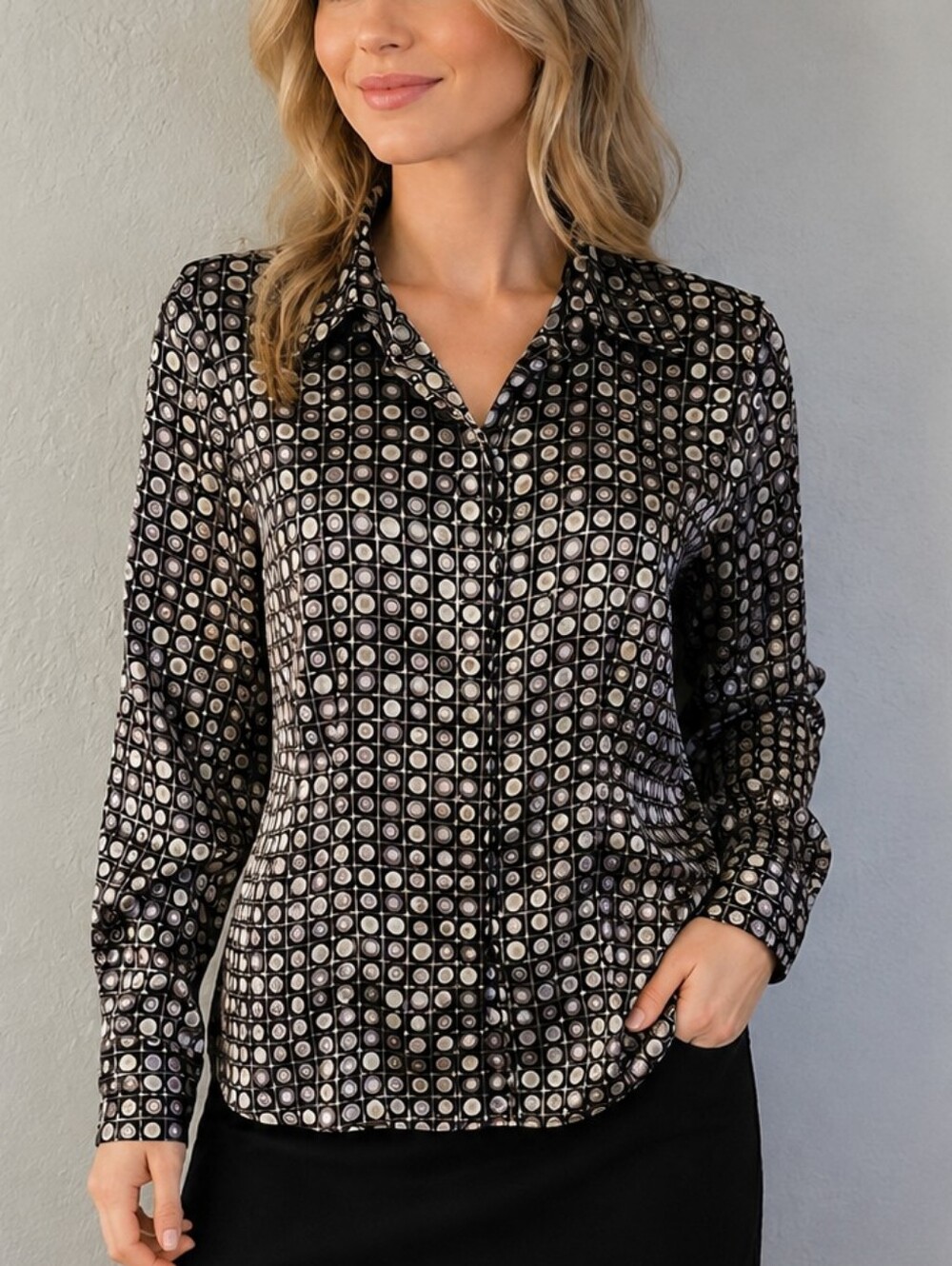 RAFAELLA Black and Silver Geometric Circles Satin Button-Up Shirt